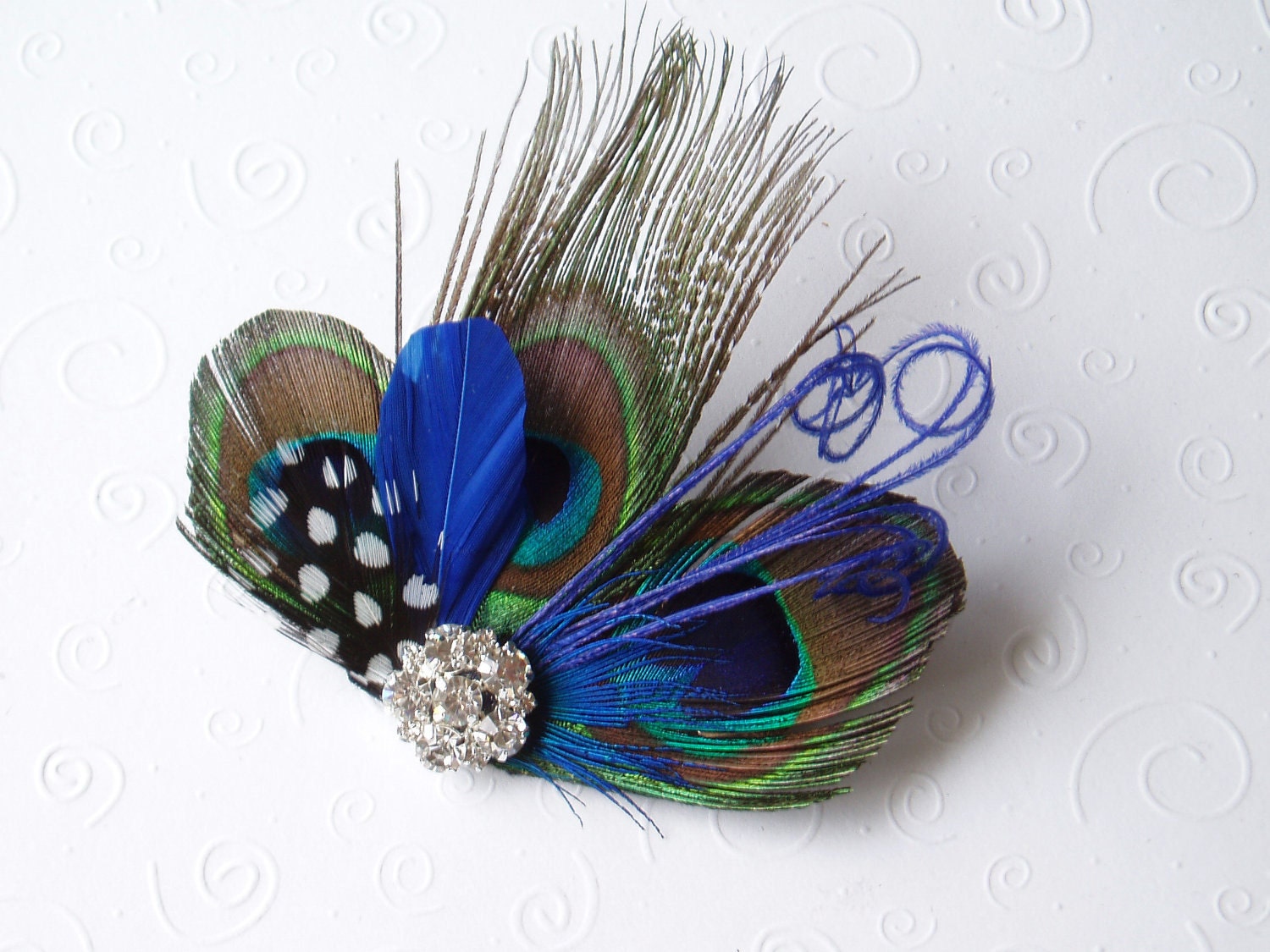 Blue Peacock Feather Hair Clip ROYAL WEDDING Bridal Fascinator with Rhinestone Jewel