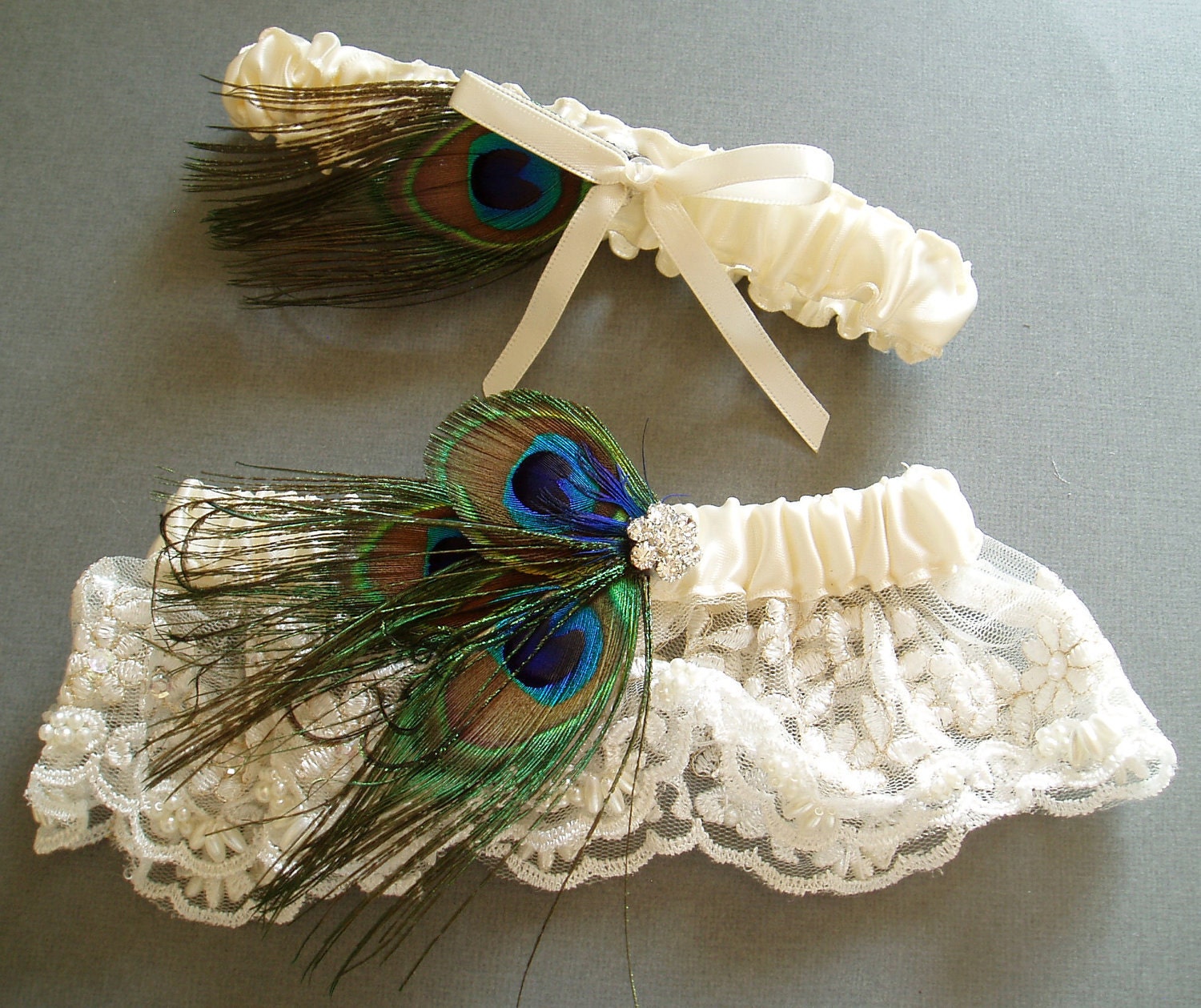 Peacock Garter Set Feather LACE WEDDING Rhinestone bridal lingerie, wedding accessories ivory pearl garder