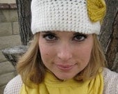 Crochet Cloche Hat with mini-bow (white and mustard yellow) choose your own colors