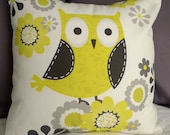 Yellow and Gray Patterned Owl 16 X 16 Inch Pillow Cover