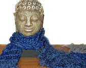 Blue Knit Scarf / Fringed Bohemian Blues