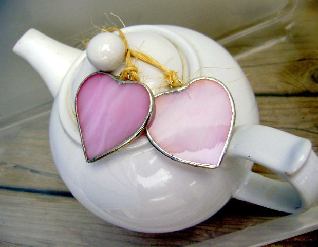 Pink Hearts Stained Glass Shabby Twins Suncatchers Valentines Mothers Day Easter Gifts Wedding Favors I Love You