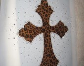 LARGE Diy Cross Heat Transfer in Brown Leopard Faux Fur & Crystal Rhinestones