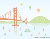 San Francisco Golden Gate Bridge Art Print 11"x14" - California, Wall Art, Home Decor, Nursery, balloon, Sailing, Yacht