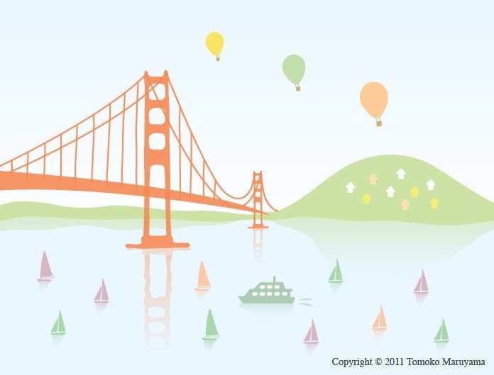 San Francisco Golden Gate Bridge Art Print 11"x14" - California, Wall Art, Home Decor, Nursery, balloon, Sailing, Yacht