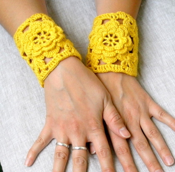 Crochet Wrist Warmers - Crochet Cuffs - Floral Cuffs - Yellow and Brown - OOAK