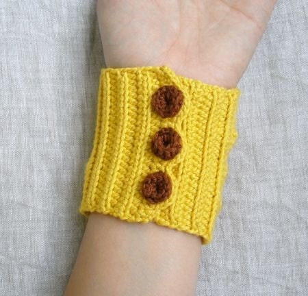 Crochet Wrist Warmers - Crochet Cuffs - Floral Cuffs - Yellow and Brown - OOAK