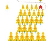 Autumn Forest Yellow wood red house and blue tree - Yellow wood Print 8 x 11.5