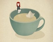 Tea Coffee girl paper boat ship illustration - Cup beach Print 5 x 7