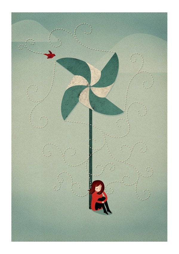 Pinwheel romantic girl illustration children home decor whimsical - Pinwheel Print 8 x 11.5