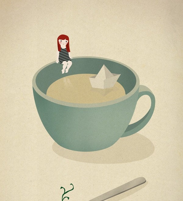 Tea Coffee girl paper boat ship illustration - Cup beach Print 8 x 11.5