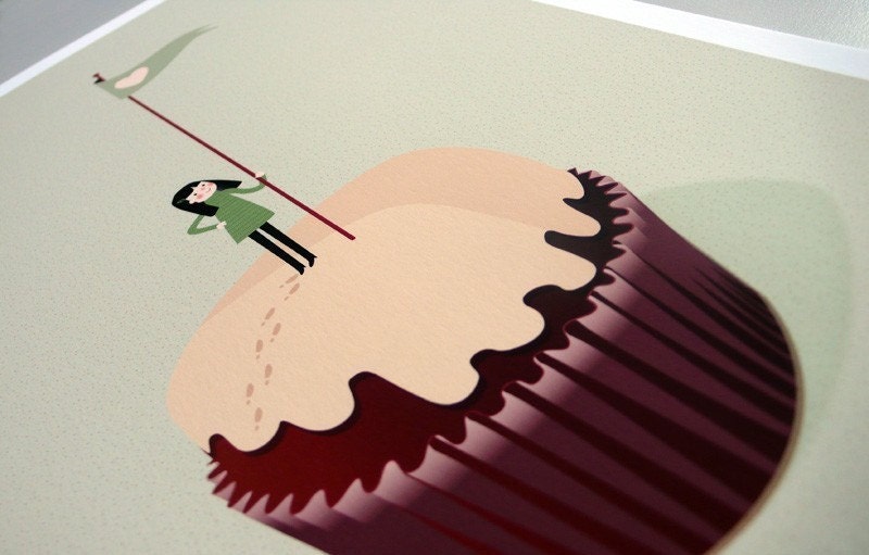 On the summit of the Cupcake Print 8 x 11.5 - girl in greens climbing a mountain muffin