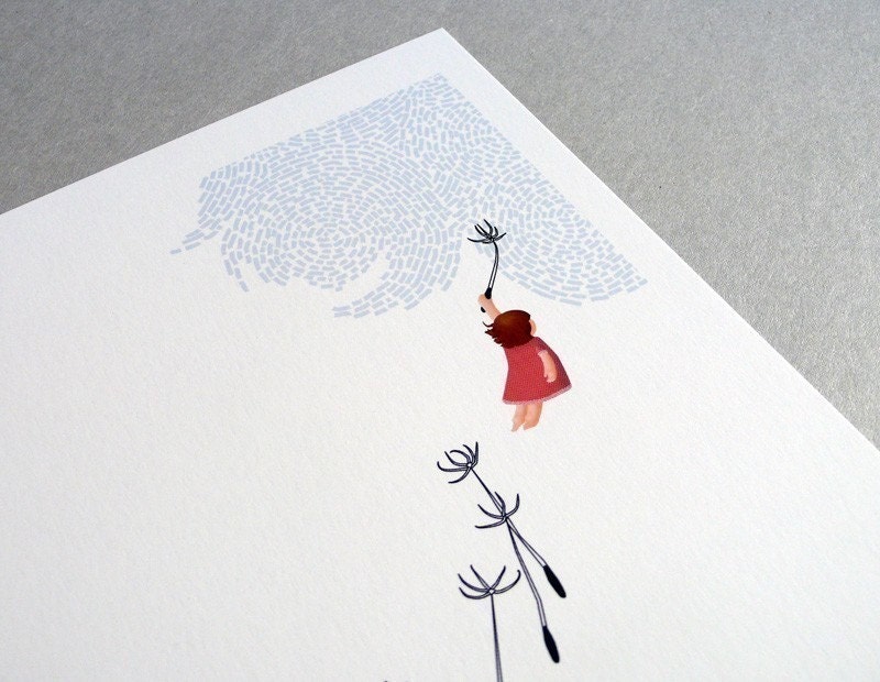 Freedom dandelion whimsical blue white illustration - Freedom Print 8 x 11.5