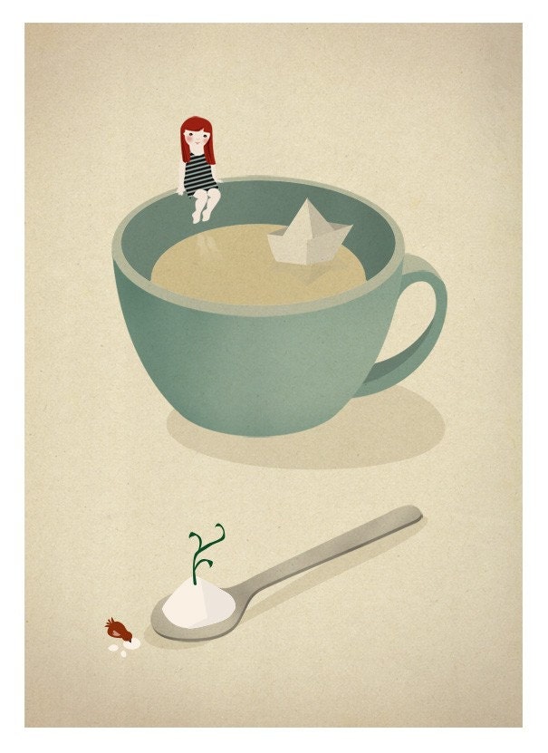 Tea Coffee girl paper boat ship illustration - Cup beach Print 8 x 11.5