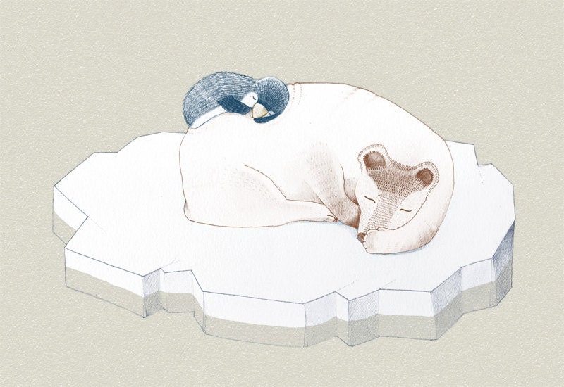 Bear and penguin ice polar winter Home Decor - Traveling companions Print 8 x 11.5