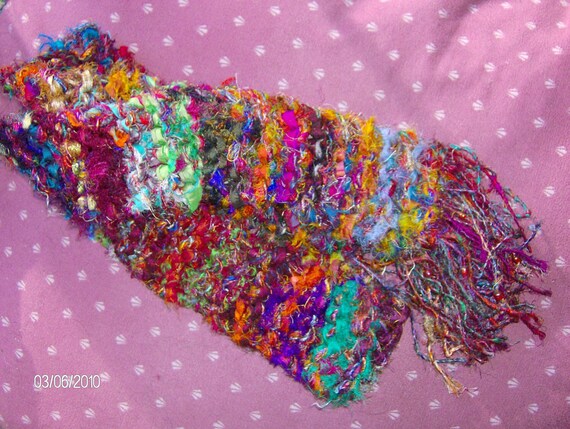 MULTI-COLORED HANDKNIT SARI SILK SCARF - FRINGED AND BEADED