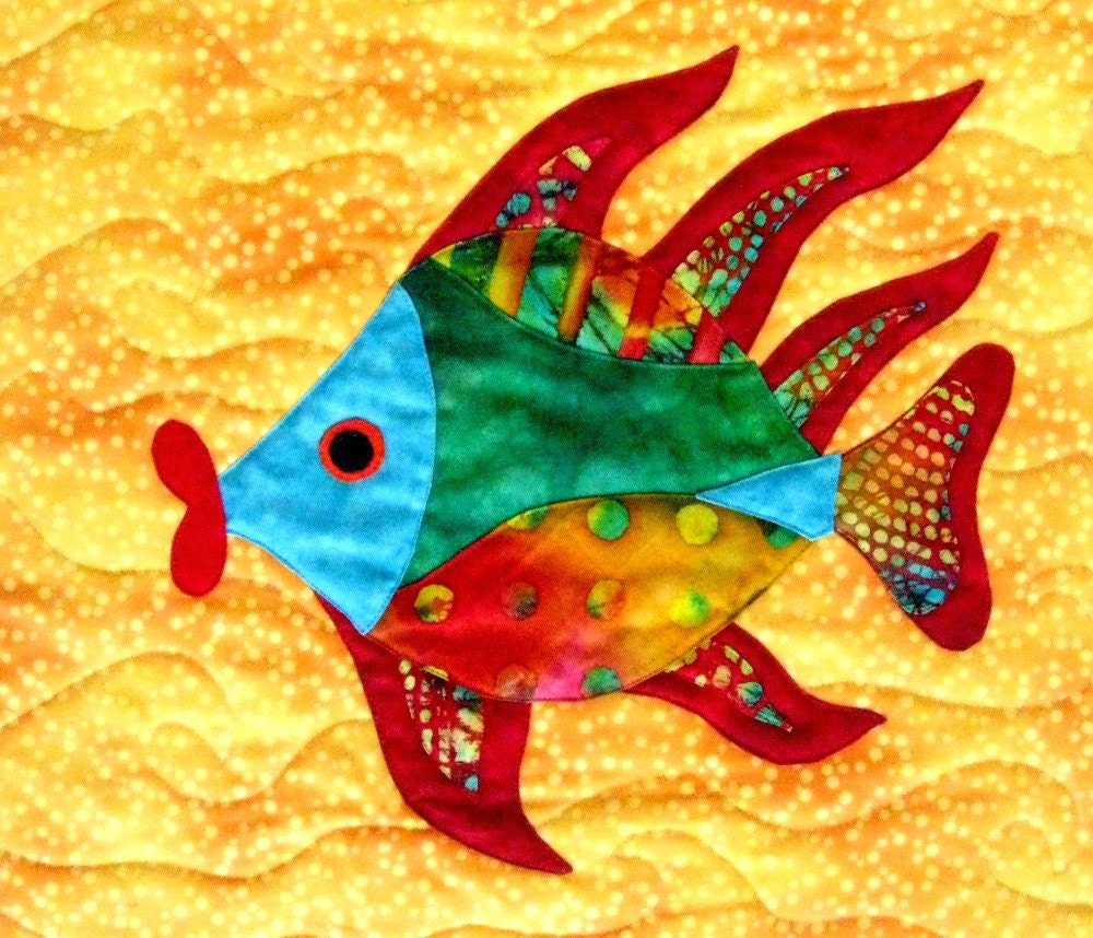Wall Art Quilt Tropical Fish Lips Wall Hanging Batik Applique OOAK Handmade