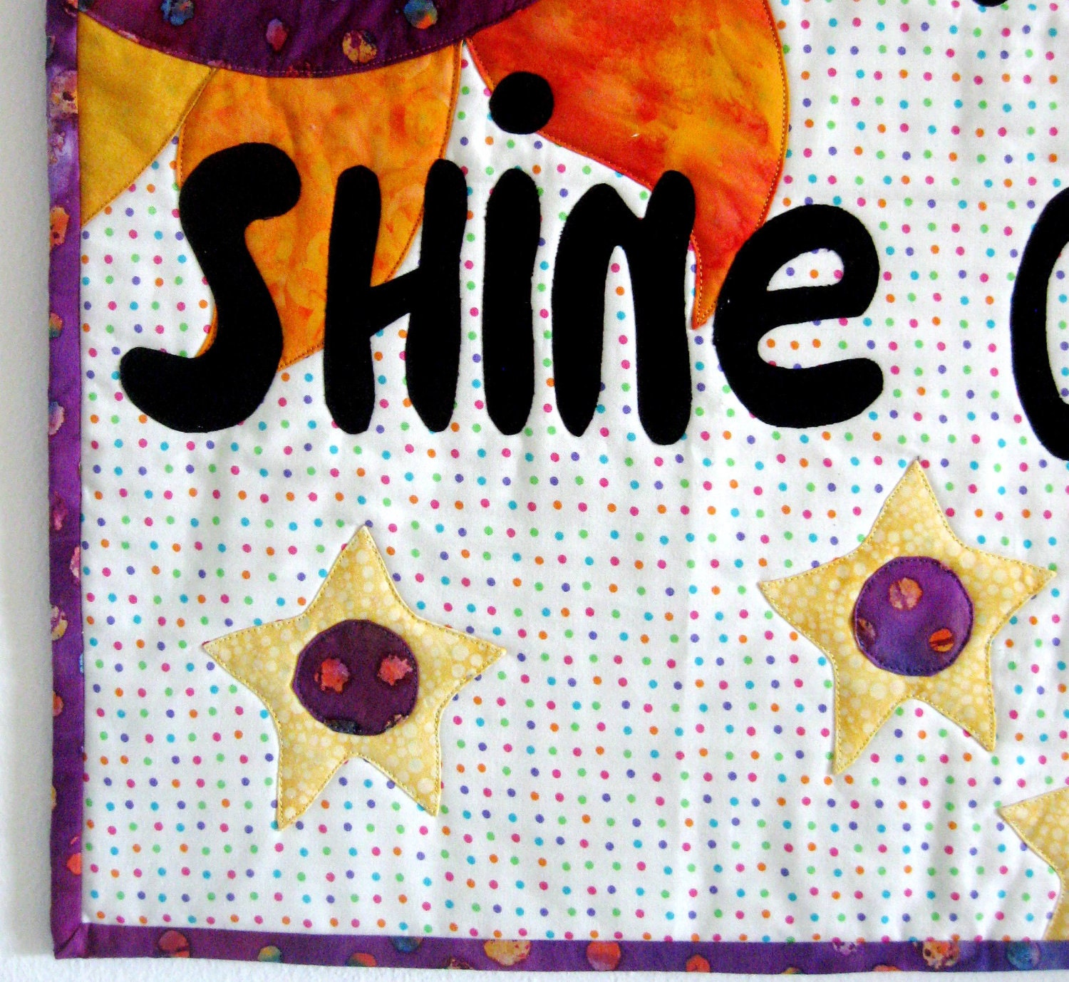 Wall Art Quilt Celestial Sun Stars Beatles We All Shine On Orange Purple Gold
