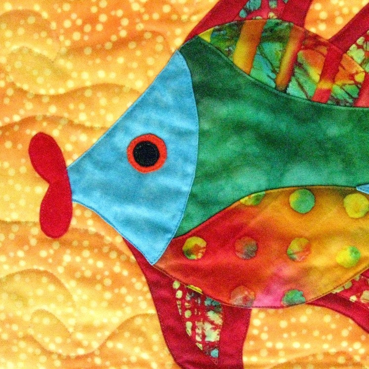 Wall Art Quilt Tropical Fish Lips Wall Hanging Batik Applique OOAK Handmade