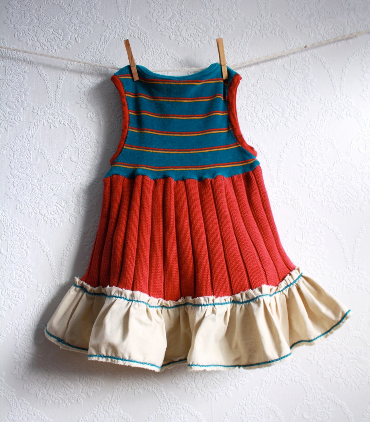Toddler's Jumper Dress 2T Teal Burgundy Ruffle Lace Ducks Girl's Upcycled Children's Clothing 'OLIVIA'