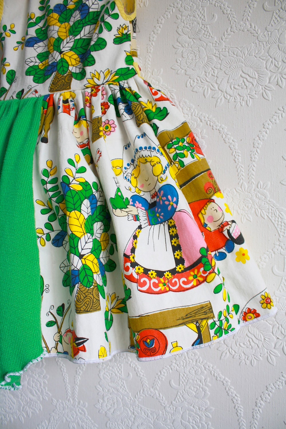 Fairy Tale Toddler Dress 2T Vintage Fabric Red Green White Girl's Jumper Dress Children's Upcycled Clothing 'GRETEL'