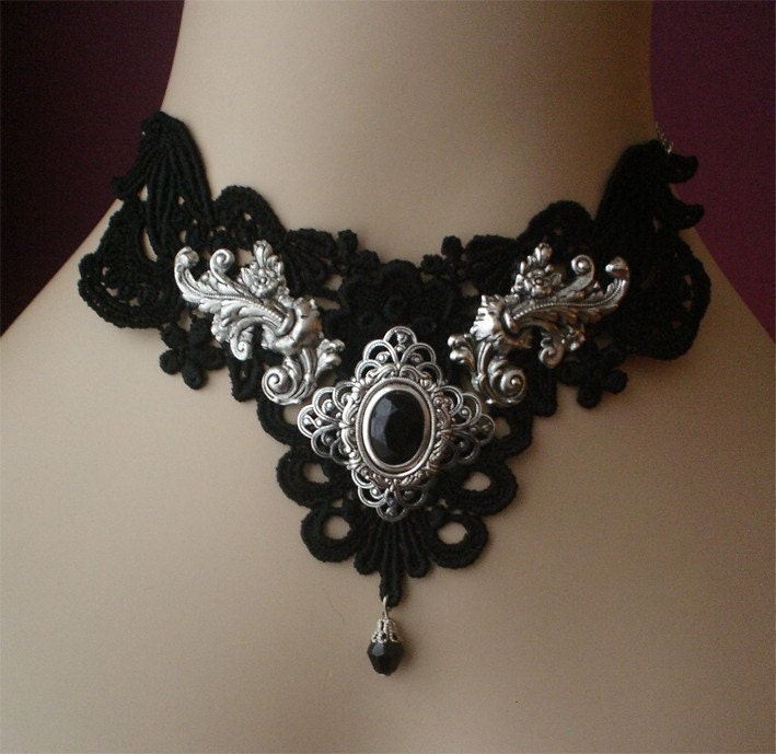 Gothic Choker - Lace Choker - Victorian Choker - Filigree Ornate Black Stone Silver Floral Antiqued style