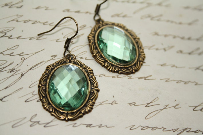 Absinthe earrings - brass color with green stone - gothic victorian renaissance