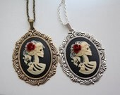 Gothic Skeleton Cameo Lady Necklace - Silver or Brass - with Rose in the Hair SKULL CAMEO NECKLACE