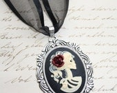 Gothic necklace:  skeleton cameo, silver pendant on black ribbon - victorian necklace cameo necklace skeleton skull with rose in hair