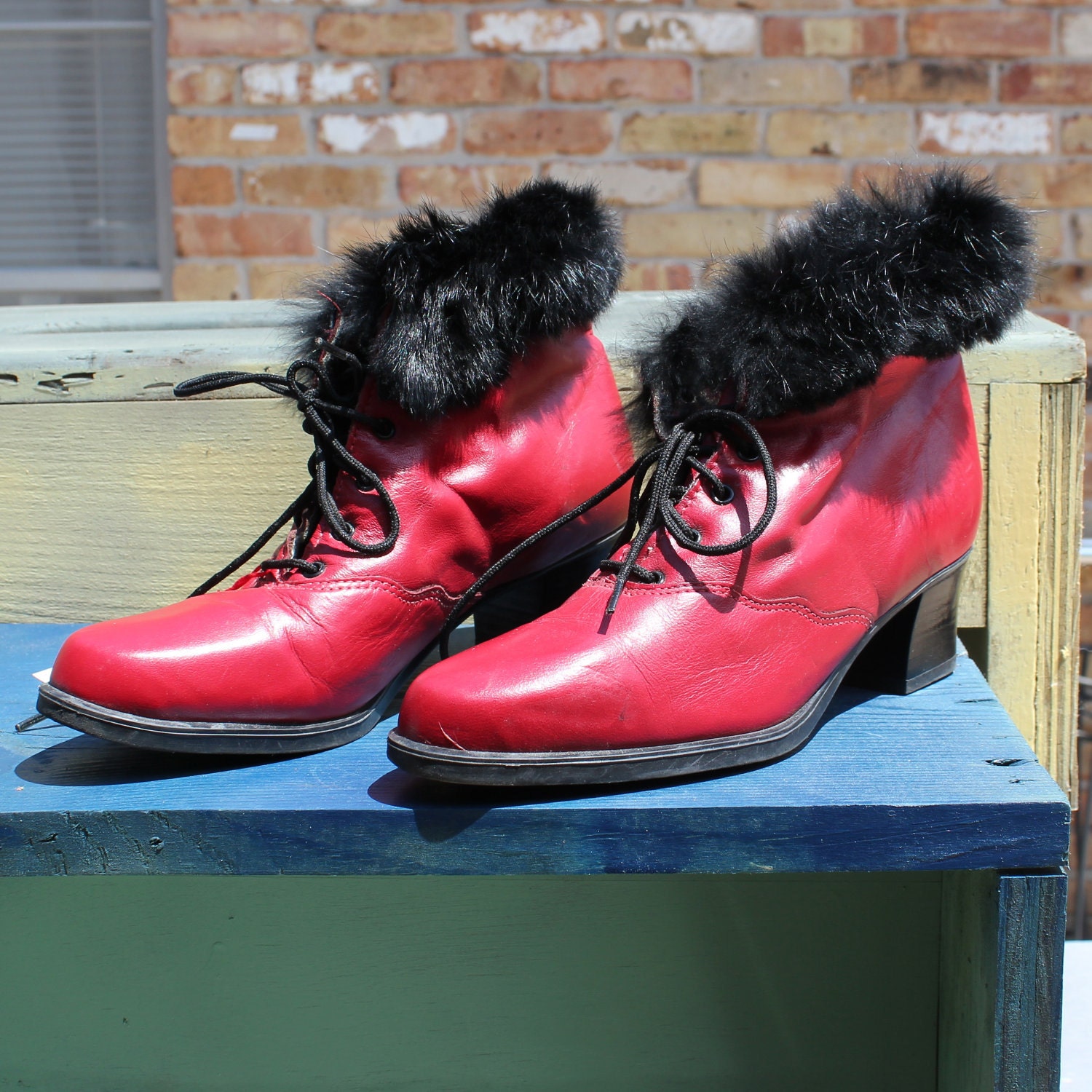 Vintage RED Faber Fur Ankle Boots Size 37 / Size 6