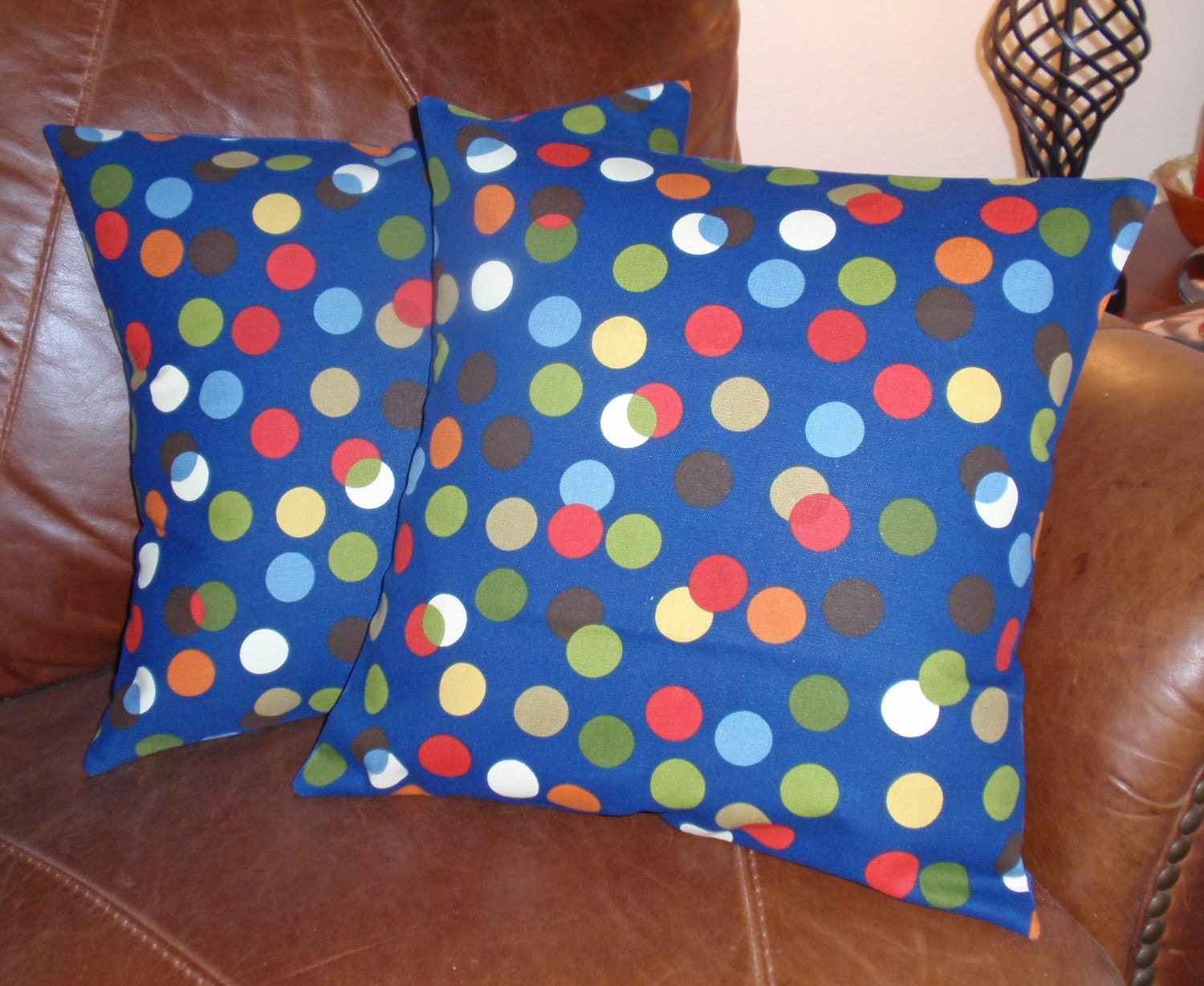 Throw Pillow Covers - 16x16" Set of 2 sewn with Home Decor Modern Multi-Colored Polka Dots on Navy Blue - Inventory Reduction SALE