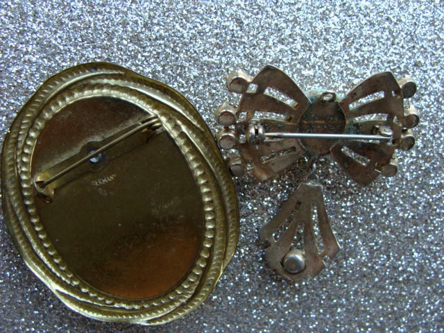 2 Beautiful Old German Edwardian Cameo and Rhinestone Bow Brooches