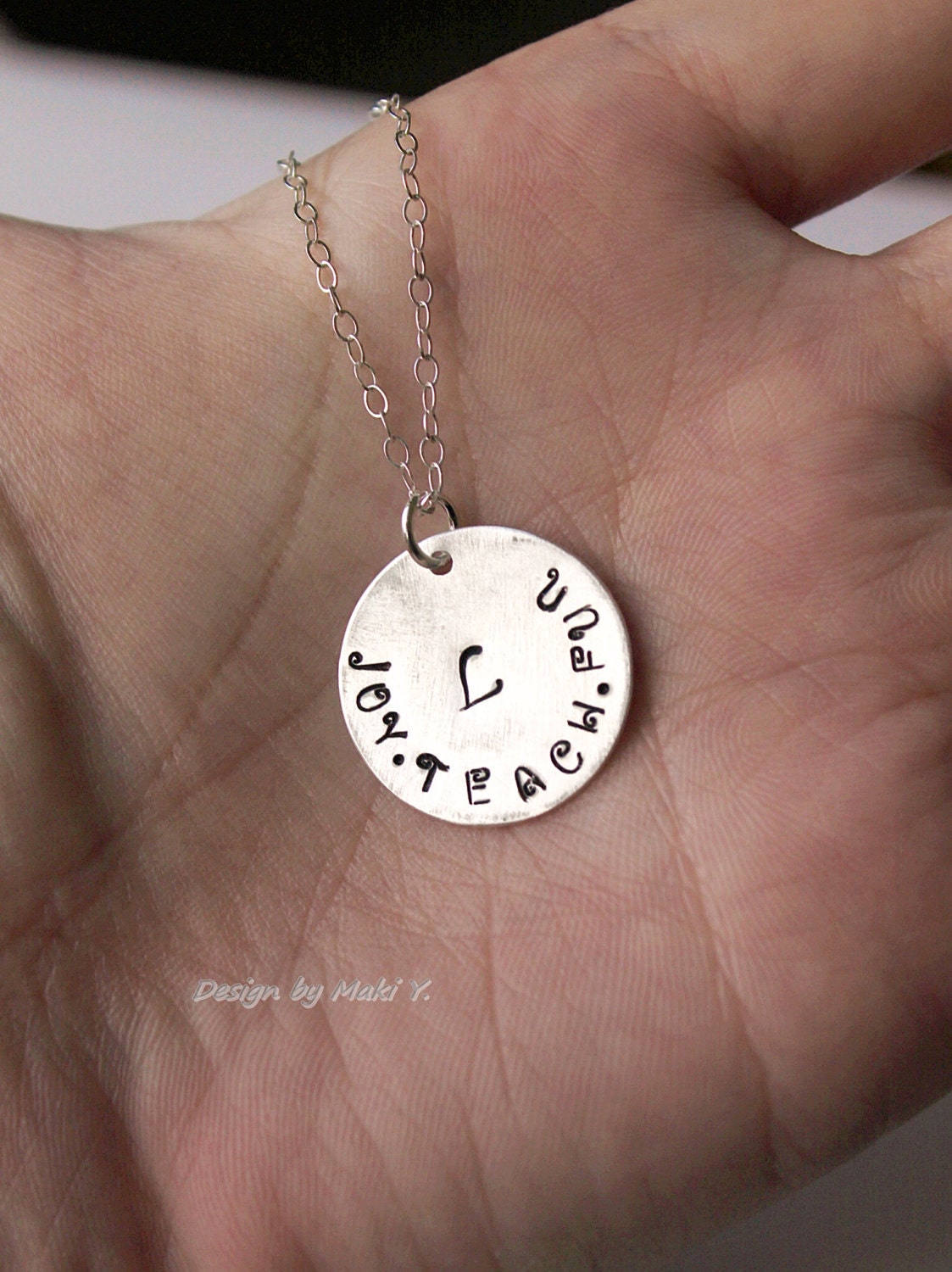 Personalized Necklace-Initial,Hand Stamped,sterling silver Necklace,Fun,Joy,Teach,custom massage-Personalize Your Message,Teacher gift