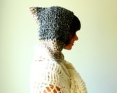 crochet hooded cowl. hood scarf. charcoal and ivory. one size. loose knit all seasonal.
