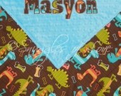 Dinosaur Baby Blanket - Dino Dudes and Turquoise Minky Dot - PERSONALIZED - (28x30)