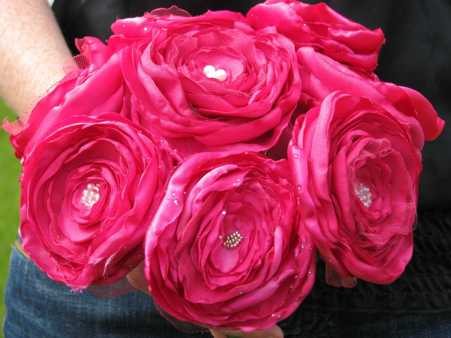 HOT PINK SATIN AND TULLE ROSES BOUQUET