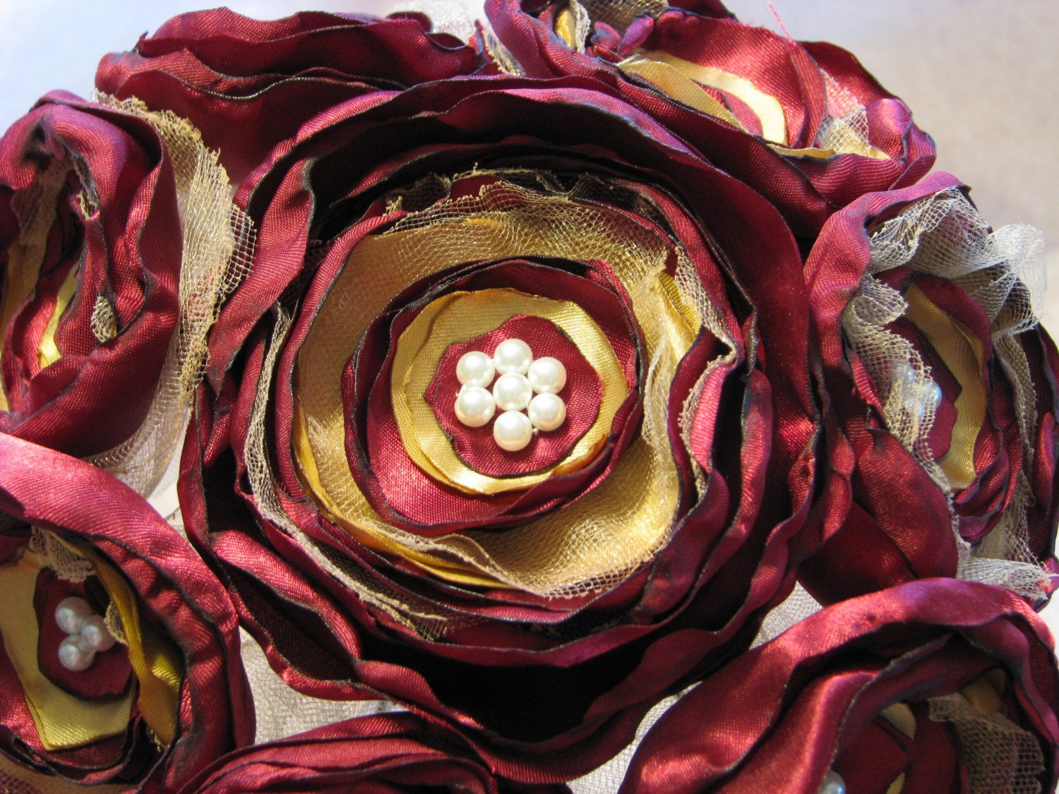 JILLIANNS DEEP WINE/BURGANDY AND GOLD SATIN AND TULLE BOUQUET