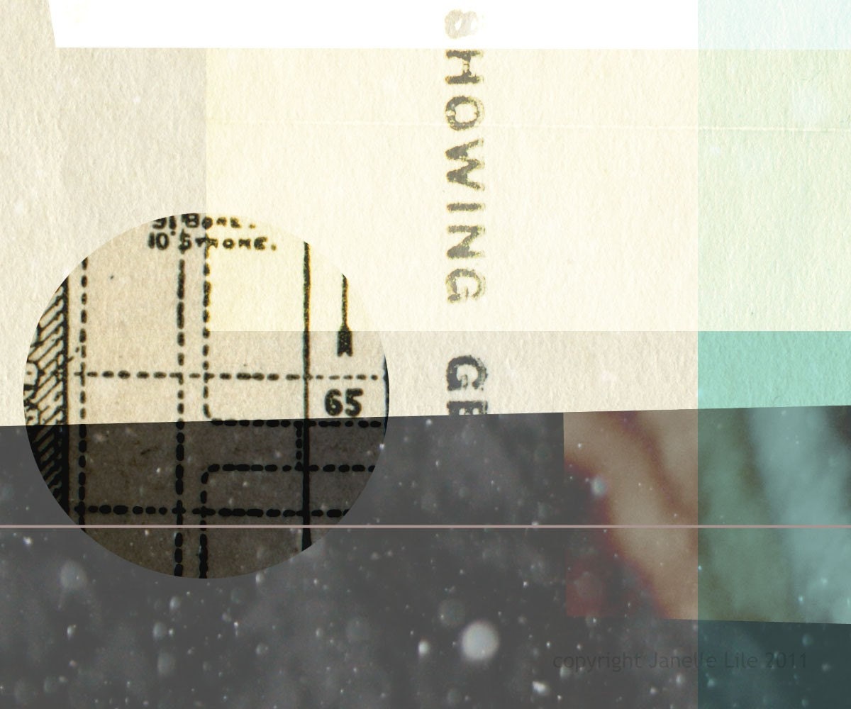 Abstract fine art digital collage: Distant 2 - archival print of aqua, beige, and mauve transparent layered digital collage