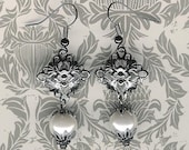 50% OFF Sale-White Pearl and Gunmetal Filigree Diamond Earrings