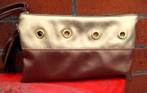 Gold Clutch with Caramel, The Cowgirl, Gold Grommets, Wristlet, Caramel and Gold Faux Leather Zipper