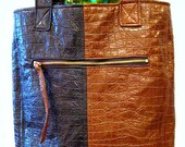 Tote Bag in Faux Crocodile, Brown and Caramel 2 Toned Handbag