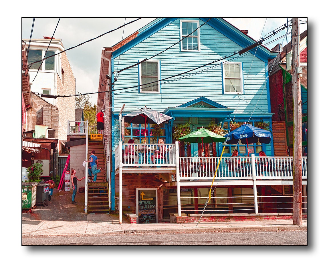 Colorful House and Coffee Shop Fine Art Photography - Tattoo Parlar Upstairs, Sidewalk, Blue, Upstate NY