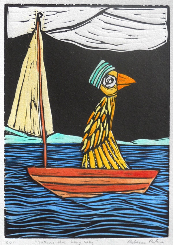 Taking the Long Way -  hand-colored linocut