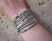 Boho Pearl Metallic Leather Wrap Bracelet with Silver Accents and Turquoise Mix Miyuki Beads