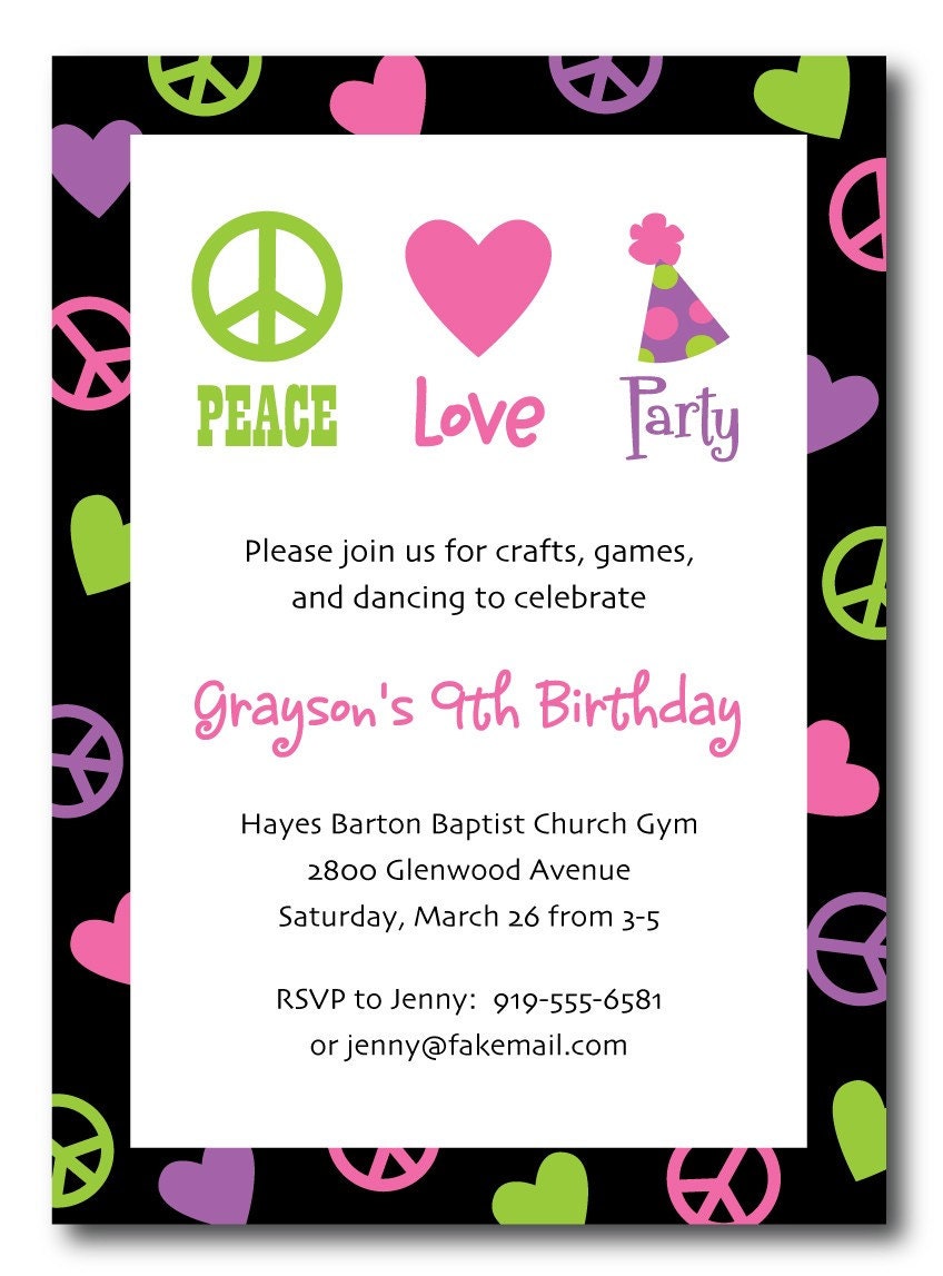 Peace, Love, Party birthday invitation (custom), printable Il_570xn