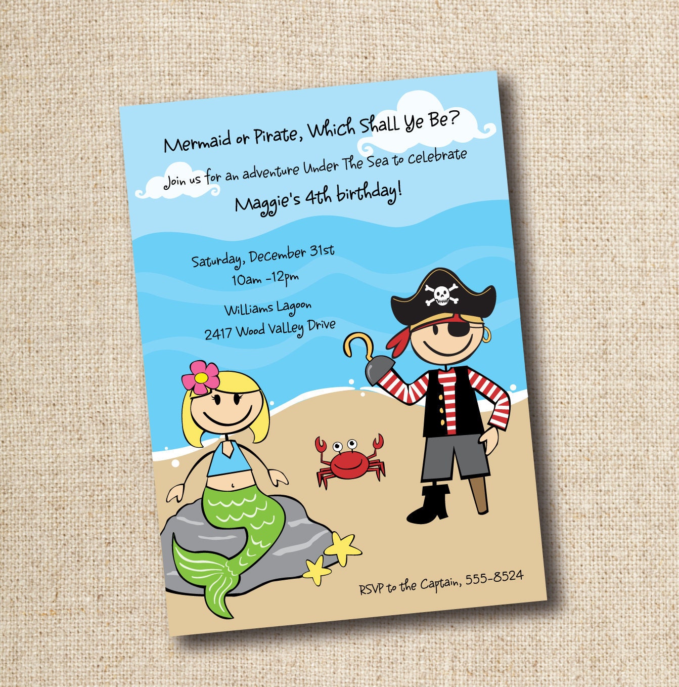 Mermaid and Pirate Birthday Party Invitation - custom, printable, digital Il_570xn