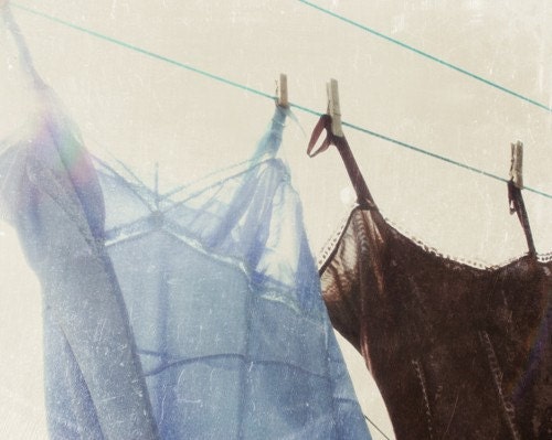 Lingerie on the line - 8X10 Fine Art signed Photograph, lacey, pale blue, transparent, retro, sexy, brown, sensual
