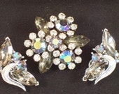 Vintage Brooch and Earrings Set - Aurora Borealis and Black Diamand Rhinestones