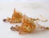 Earrings Caramel and Peach Lucite Flower Earrings with Crystals in Gold
