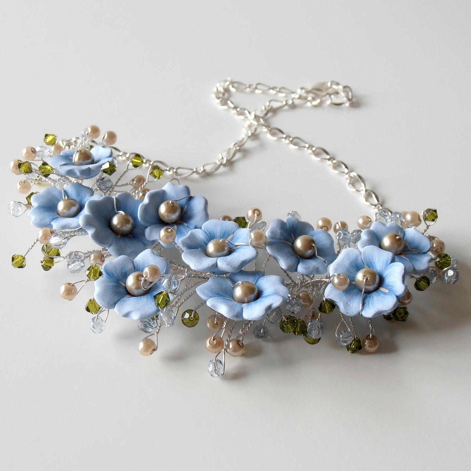 Wedding Jewelry Blue Flower Necklace Beaded Wire Necklace Cornflower Blue Bridal Jewelry Floral Jewellery Denim Slate Handmade